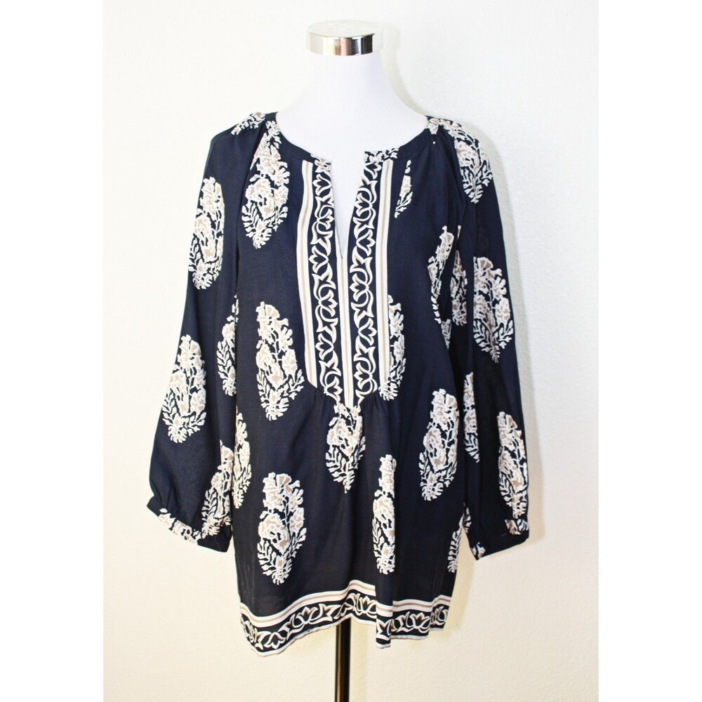 Cottagecore Peasant BOHO Hippie Top Tunic Sz. L Navy White Beige Tribal Print 03